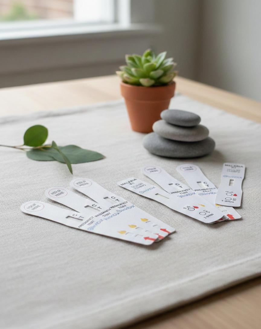 Collection of InViDiX paper-based rapid diagnostic tests displayed on a table, showing multiple form factors